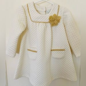 Toddler dress and tights, size 18 M, light cream with gold trim